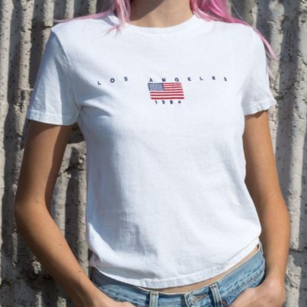 white brandy melville “Los Angeles 1984” top